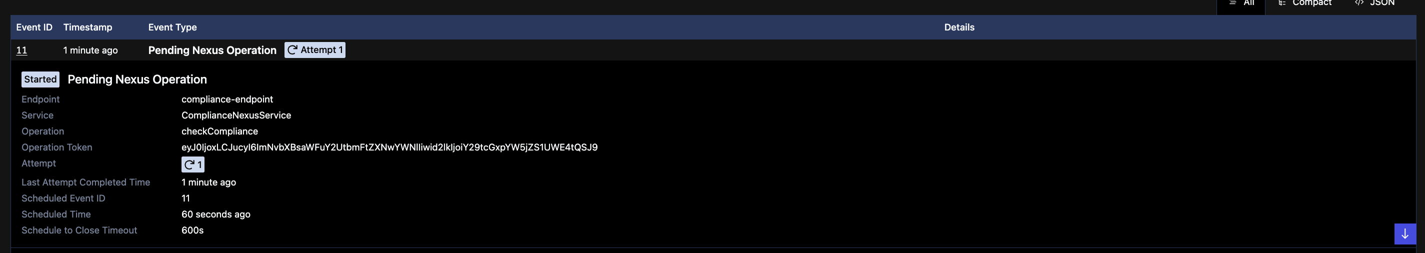 Temporal UI showing Nexus operation in backing off state after compliance Worker is killed